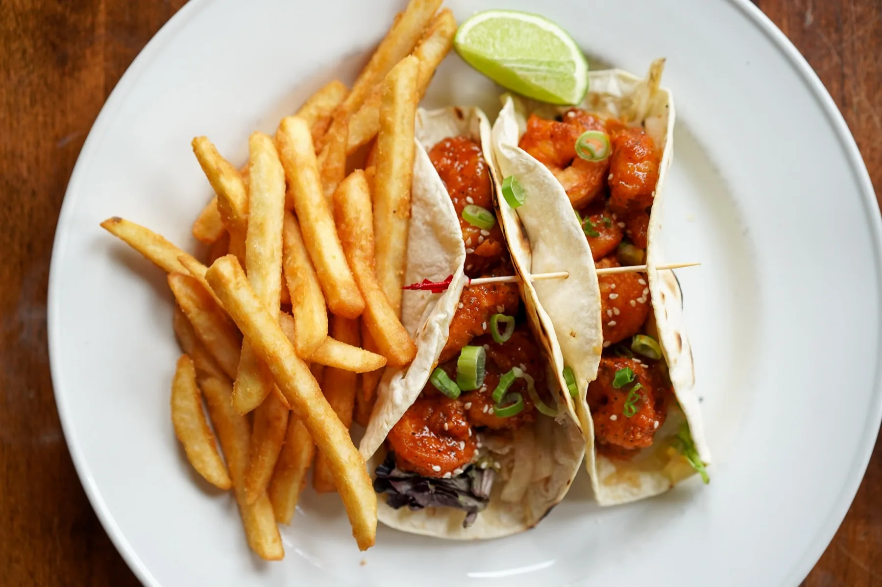 Korean shrimp tacos with fries